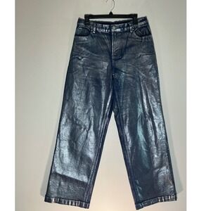 Madden NYC Women's Metallic Blue Jeans Wide Leg Elastic Waist in back Size M Y2K